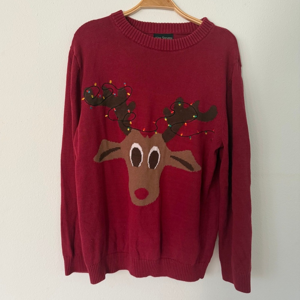 Alex Stevens Mens Red Reindeer Christmas Lights Cotton Crewneck Sweater Large